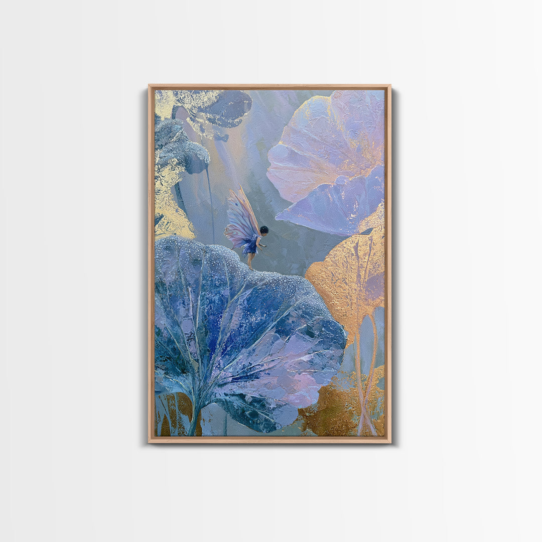 Tiny Fairy Resting on a Dew Covered Framed Canvas Print, Fairy Tale Art, Mixed Media Art, Living Room Decor, Oil Painting, FTA-2x3-87