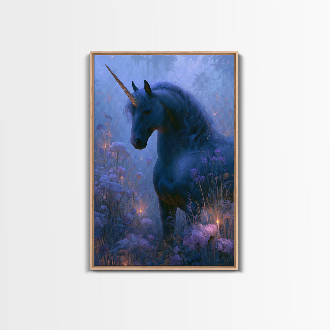Unicorn in a Moonlit Meadow Framed Canvas Print, Fairy Tale Art, Printable Art, Living Room Decor, Oil Painting, Storybook, FTA-2x3-90