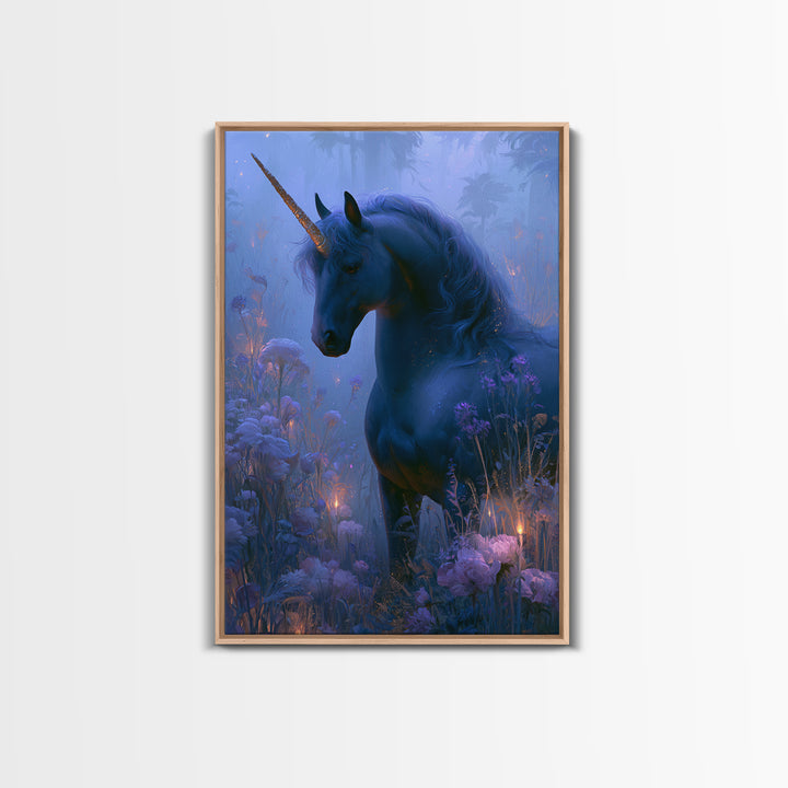 Unicorn in a Moonlit Meadow Framed Canvas Print, Fairy Tale Art, Printable Art, Living Room Decor, Oil Painting, Storybook, FTA-2x3-90
