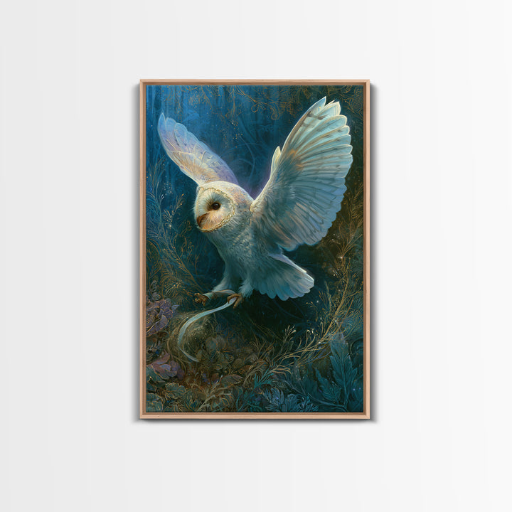 Owl Messenger Carrying a Tiny Ribbon Framed Canvas Print, Fairy Tale Art, Whimsical Art, Living Room Decor, Fine Art, Storybook, FTA-2x3-97