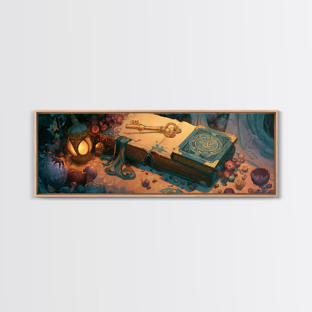 Golden Key and Enchanted Book Still Life Framed Canvas Print, Fairy Tale Art, Folk Art, Living Room Decor, Fine Art, Storybook, FTA-3x1-1