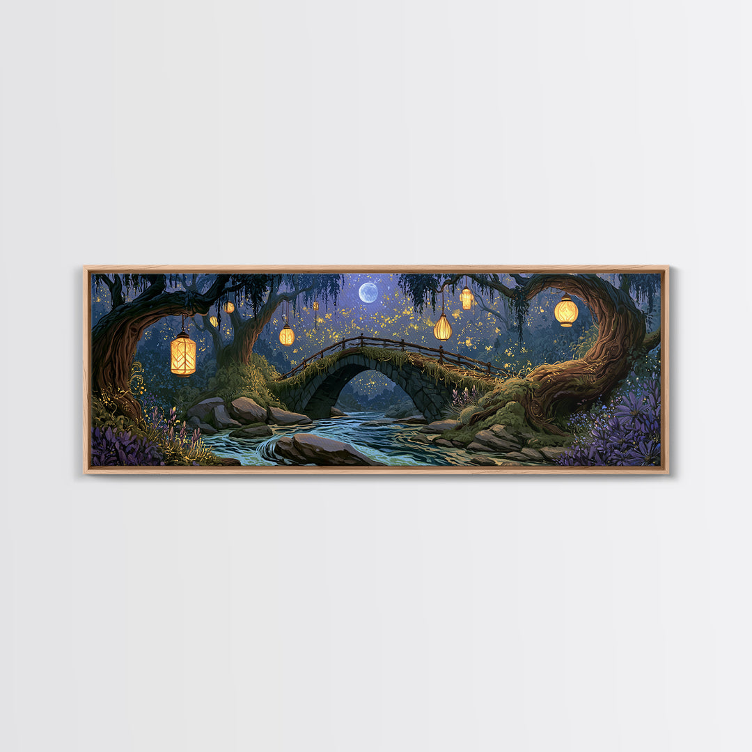 Lantern Lit Bridge Framed Canvas Print, Fairy Tale Art, Gallery Decor, Living Room Decor, Fine Art, Storybook, Wall Art, FTA-3x1-15