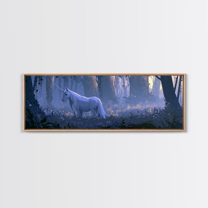 Unicorn in a Moonlit Meadow Framed Canvas Print, Fairy Tale Art, Art Nouveau, Living Room Decor, Fine Art, Storybook, FTA-3x1-2