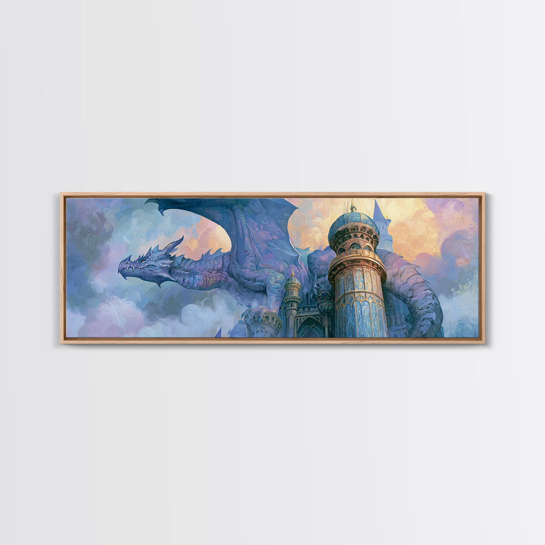 Dragon Curled Around a Jeweled Tower Canvas Print, Fairy Tale Art, Whimsical Wall Art, Living Room Decor, Fine Art, Storybook, FTA-3x1-21