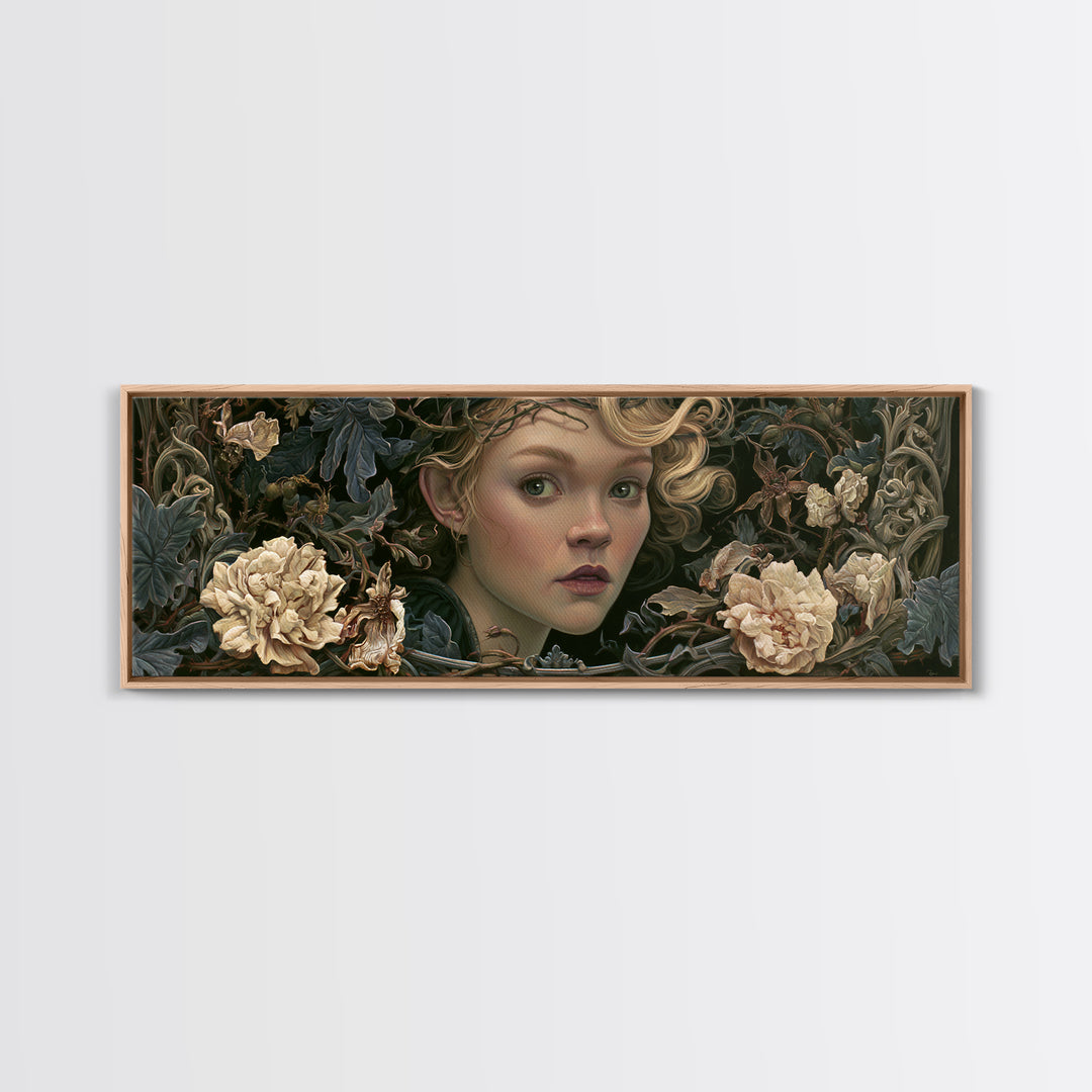 Magic Mirror Framed by Vines and Thorns Canvas Print, Fairy Tale Art, Princess Wall Art, Living Room Decor, Oil Painting, FTA-3x1-29