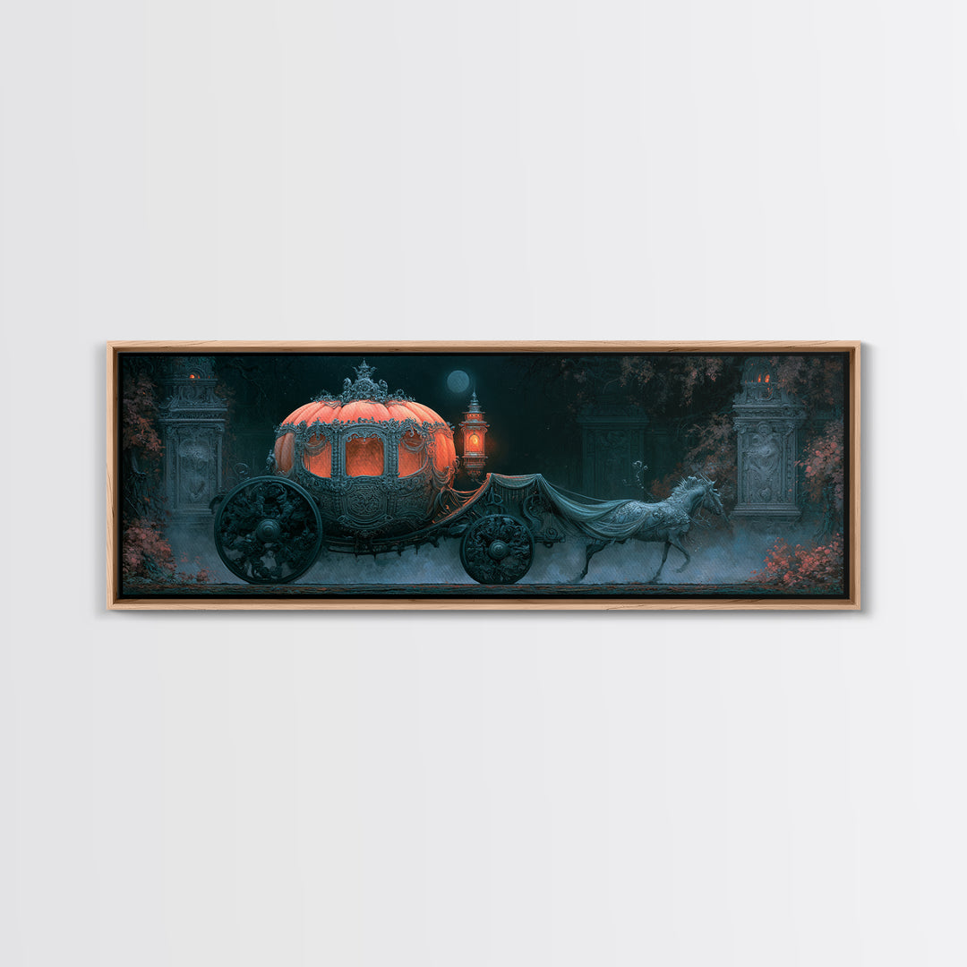 Pumpkin Carriage under Midnight Sky Framed Canvas Print, Fairy Tale Art, Art Nouveau Print, Living Room Decor, Watercolor Art, FTA-3x1-32