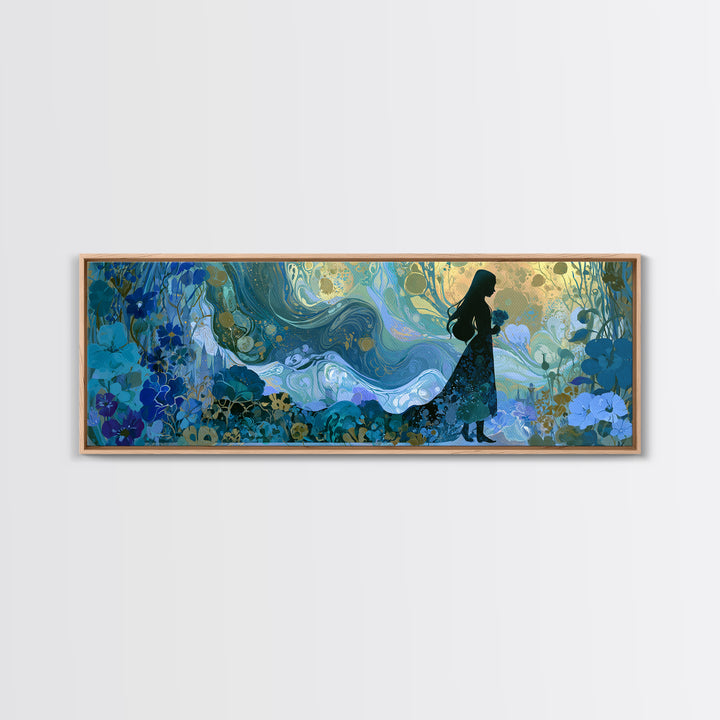 Princess Silhouette with Moonlit Garden Flowers Canvas Print, Fairy Tale Art, Modern Decor, Living Room Decor, Storybook, FTA-3x1-44