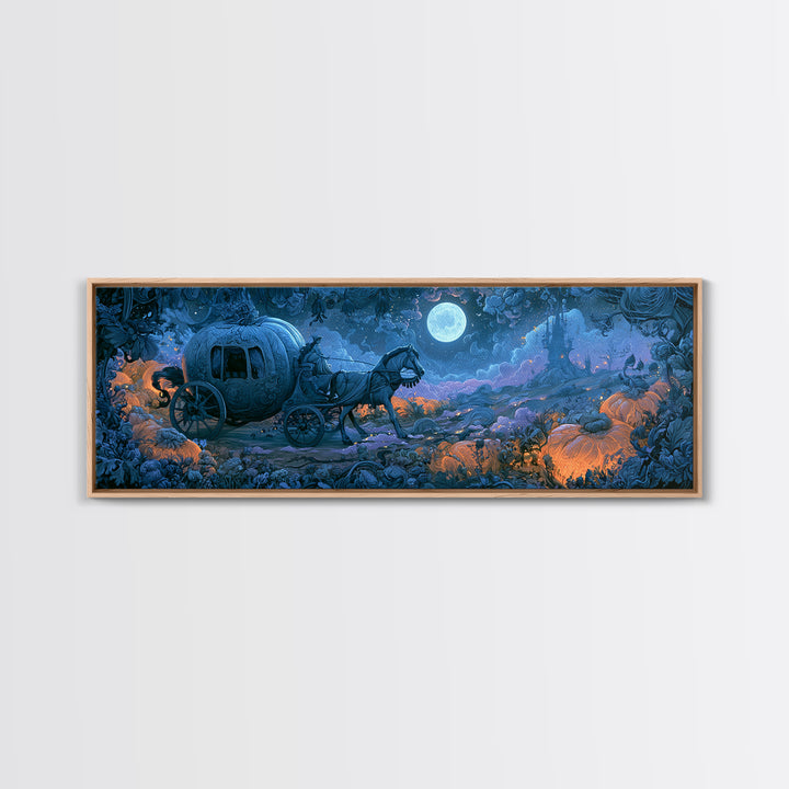 Pumpkin Carriage under Midnight Sky Framed Canvas Print, Fairy Tale Art, Minimalist Decor, Living Room Decor, Storybook, FTA-3x1-56