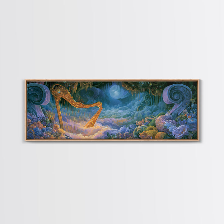 Golden Harp in a Cloud Kingdom Canvas Print, Fairy Tale Art, Boho Decor, Living Room Decor, Oil Painting, Storybook, Art Print, FTA-3x1-62