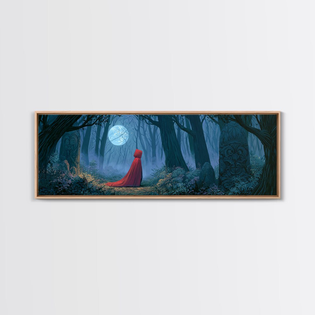 Red Cloak Figure Walking Through Dark Woods Framed Canvas Print, Fairy Tale Art, Wall Decor, Living Room Decor, Storybook, FTA-3x1-72