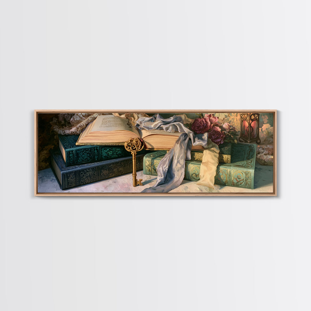 Golden Key and Enchanted Book Still Life Framed Canvas Print, Fairy Tale Art, Neutral Decor, Living Room Decor, Storybook, FTA-3x1-73