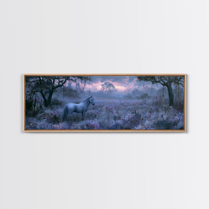 Unicorn in a Moonlit Meadow Framed Canvas Print, Fairy Tale Art, Princess Wall Art, Living Room Decor, Fine Art, Storybook, FTA-3x1-74
