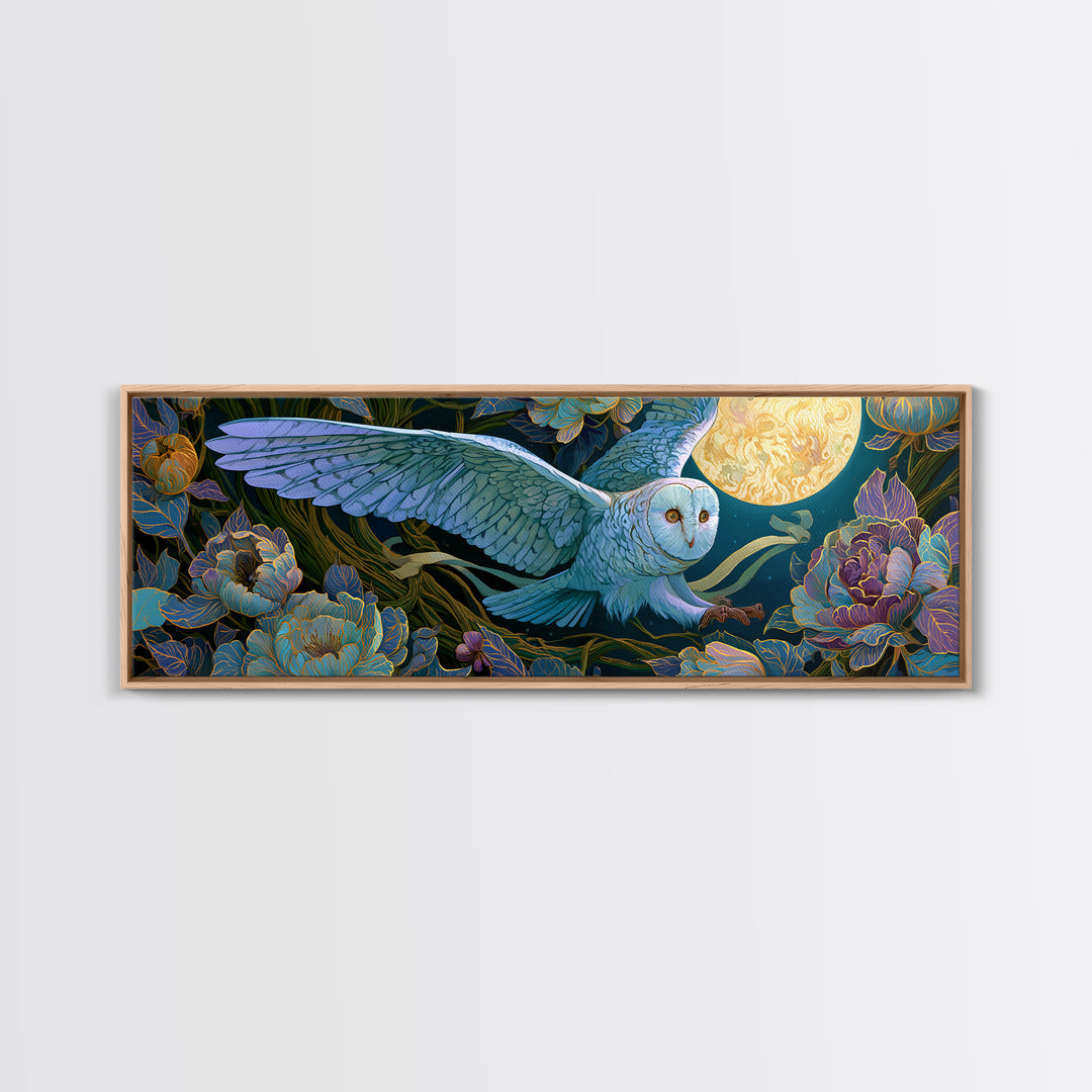 Owl Messenger Carrying a Tiny Ribbon Framed Canvas Print, Fairy Tale Art, Fairy Art, Living Room Decor, Fine Art, Storybook, FTA-3x1-81
