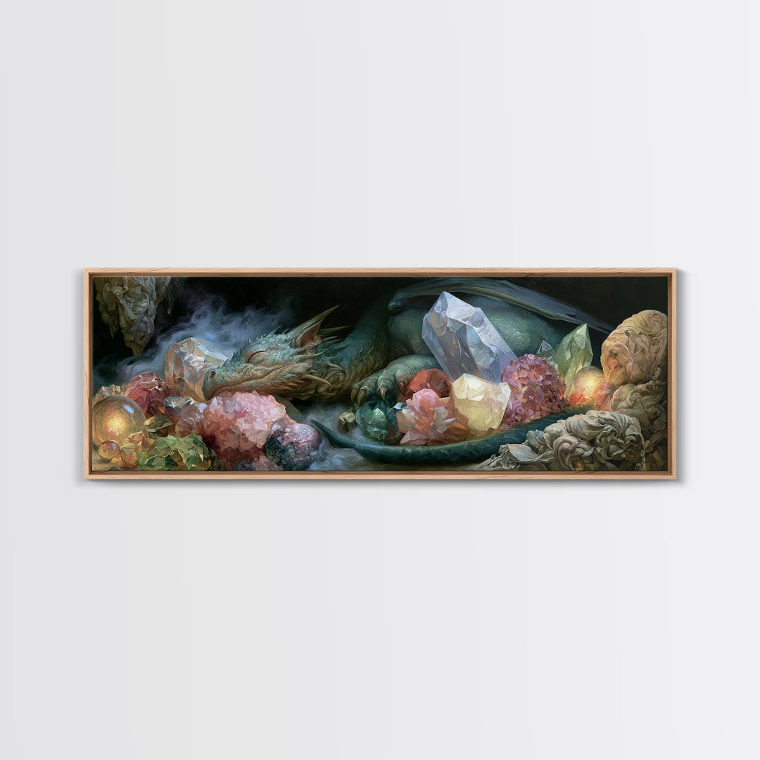 Sleeping Dragon in a Cave of Crystals Canvas Print, Fairy Tale Art, Wall Art, Living Room Decor, Oil Painting, Storybook, FTA-3x1-88
