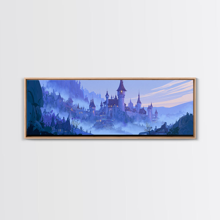 Storybook Castle on a Misty Hill Framed Canvas Print, Fairy Tale Art, Whimsical Wall Art, Living Room Decor, Storybook, FTA-3x1-90