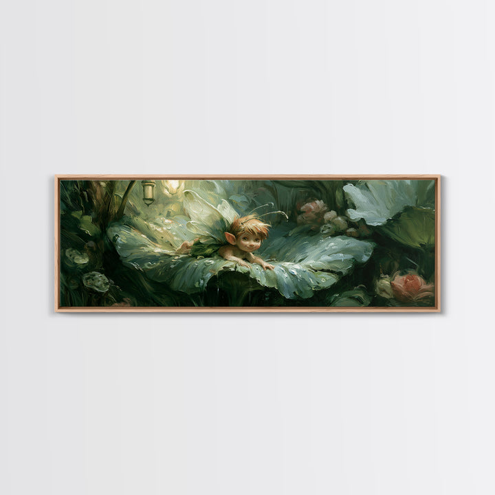 Tiny Fairy Resting on a Dew Covered Canvas Print, Fairy Tale Art, Art Deco, Living Room Decor, Storybook, Whimsical Art, FTA-3x1-95