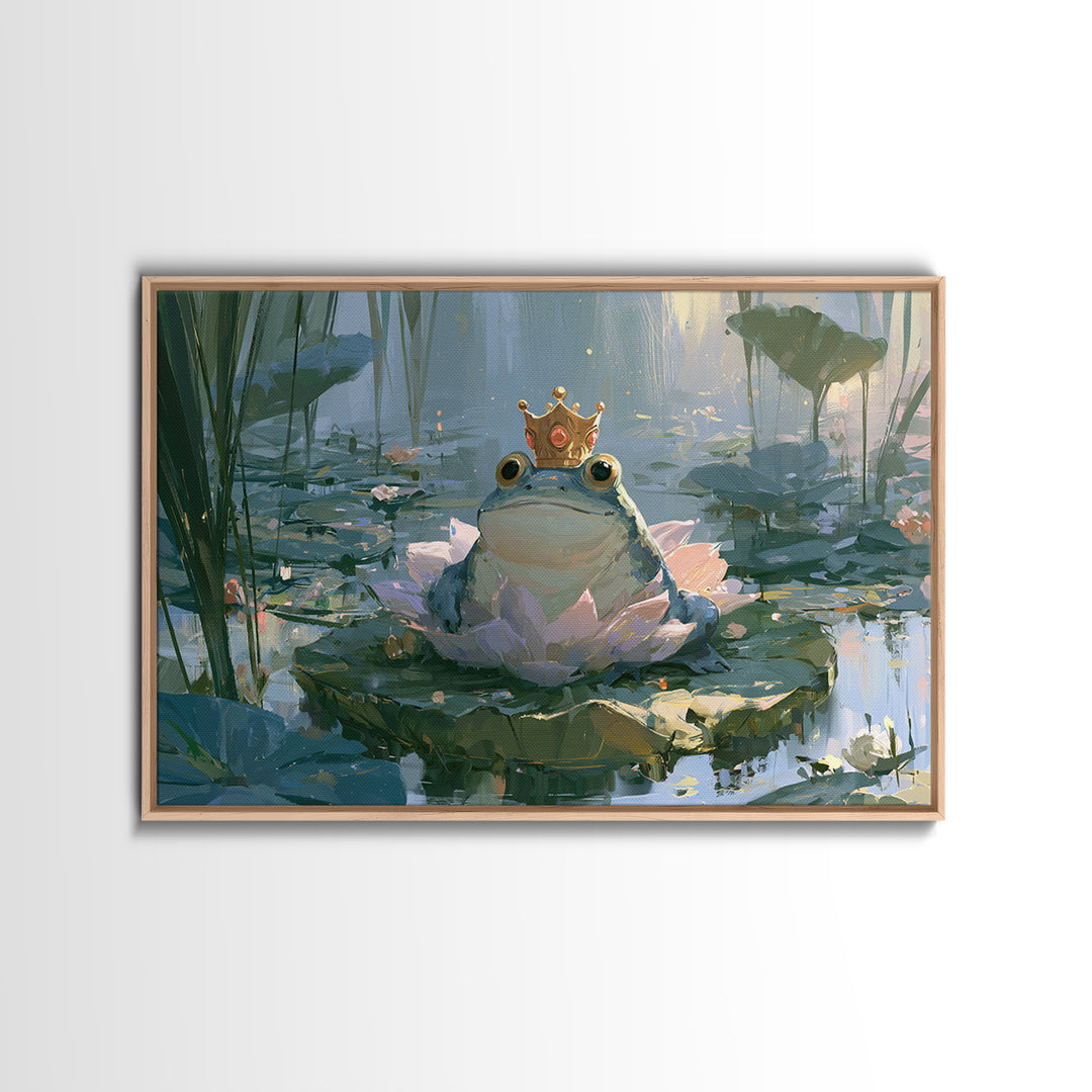 Frog Prince on a Lily Pad Framed Canvas Print, Fairy Tale Art, Whimsical Art, Living Room Decor, Fine Art, Storybook, FTA-3x2-15