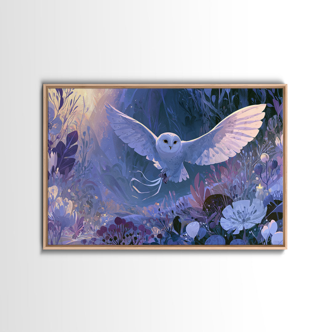Owl Messenger Carrying a Tiny Ribbon Canvas Print, Fairy Tale Art, Whimsical Wall Art, Living Room Decor, Fine Art, Storybook, FTA-3x2-21