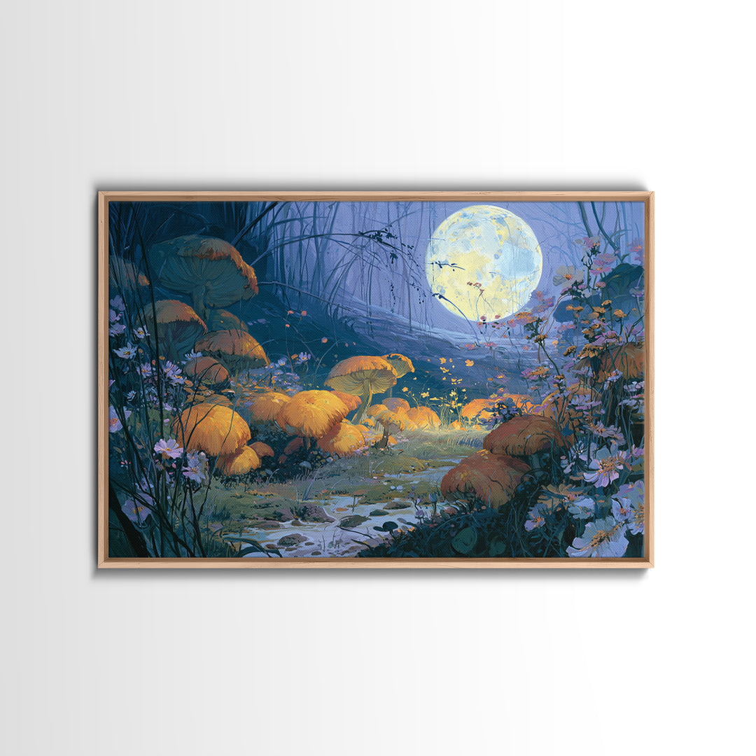 Fairy Ring of Mushrooms and Wildflowers Framed Canvas Print, Fairy Tale Art, Kids Room Decor, Living Room Decor, Storybook, FTA-3x2-25