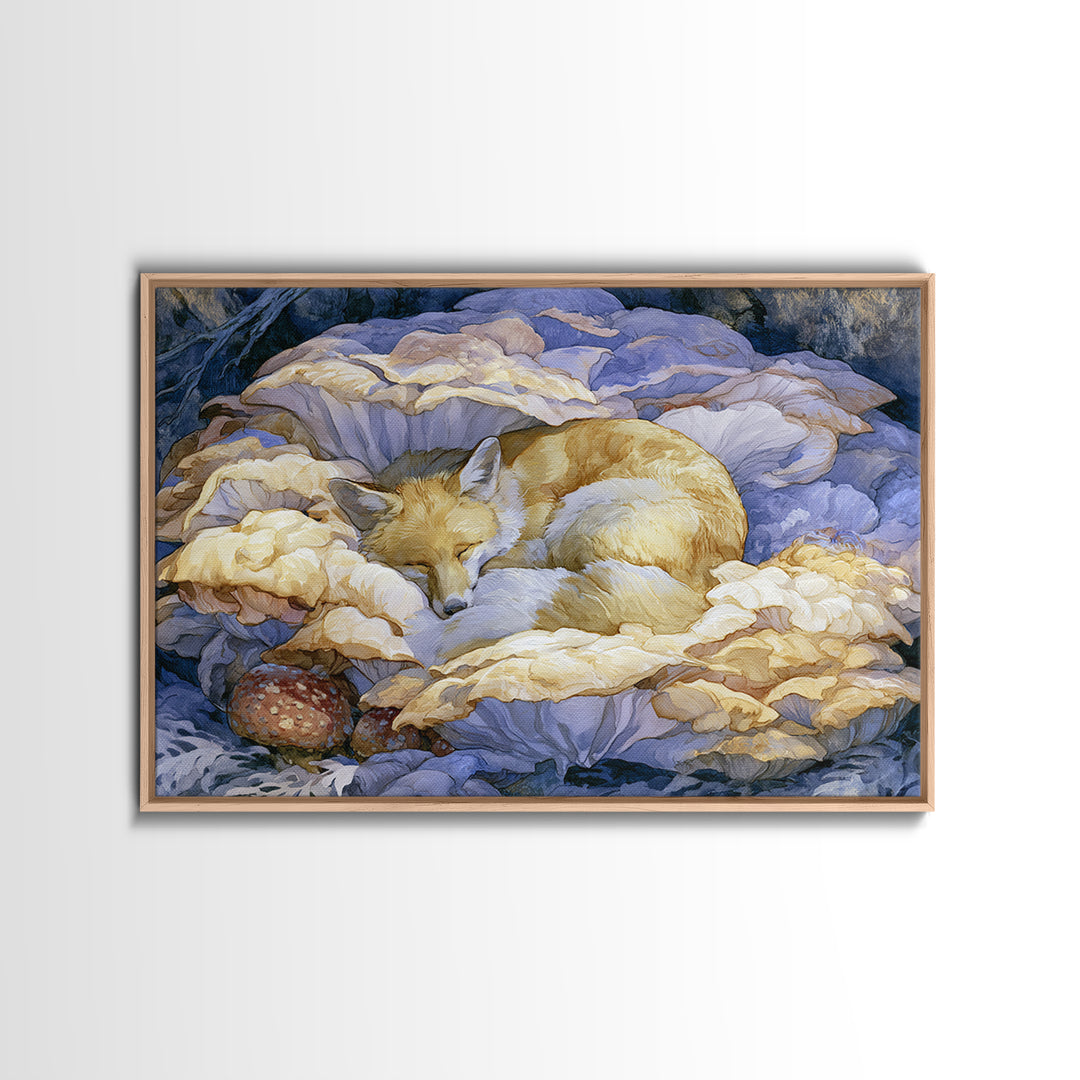 Sleeping Fox Beside a Magical Mushroom Ring Canvas Print, Fairy Tale Art, Statement Artwork, Living Room Decor, Storybook, FTA-3x2-31