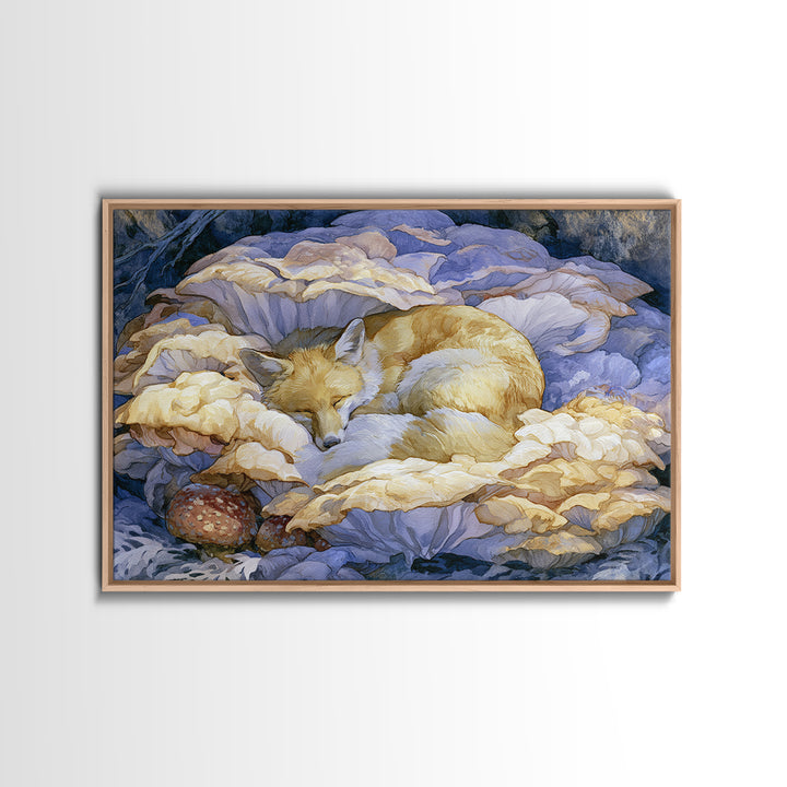 Sleeping Fox Beside a Magical Mushroom Ring Canvas Print, Fairy Tale Art, Statement Artwork, Living Room Decor, Storybook, FTA-3x2-31