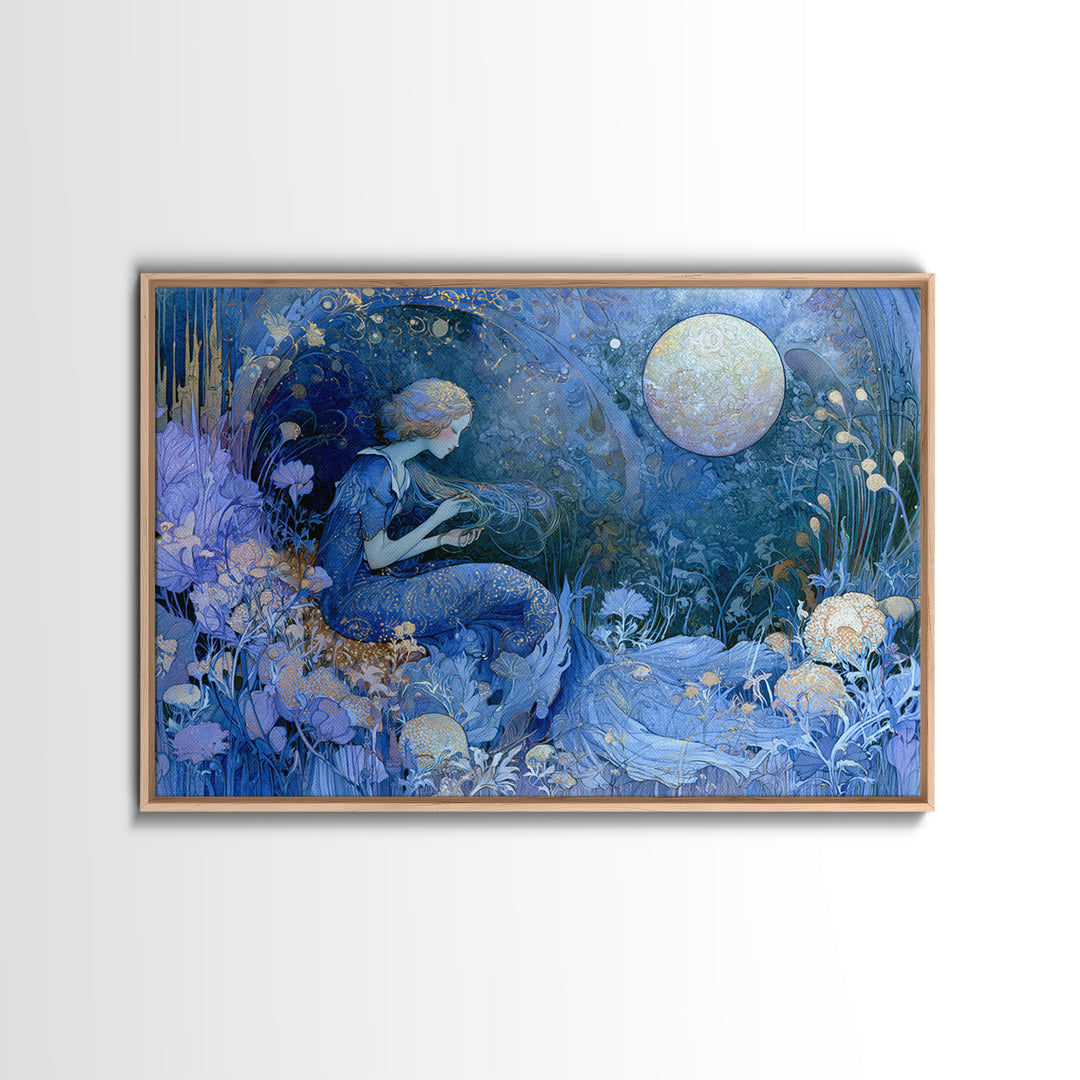 Mermaid Combing Hair Beneath a Pearl Moon Framed Canvas Print, Fairy Tale Art, Fantasy Art, Living Room Decor, Oil Painting, FTA-3x2-40