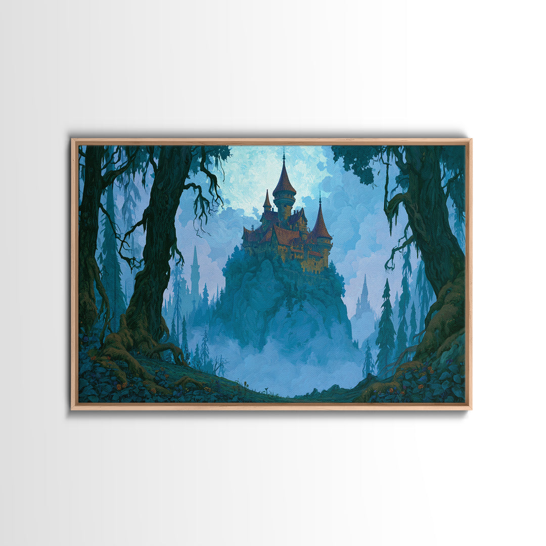 Storybook Castle on a Misty Hill Canvas Print, Fairy Tale Art, Dark Art, Living Room Decor, Storybook, Statement Artwork, FTA-3x2-54