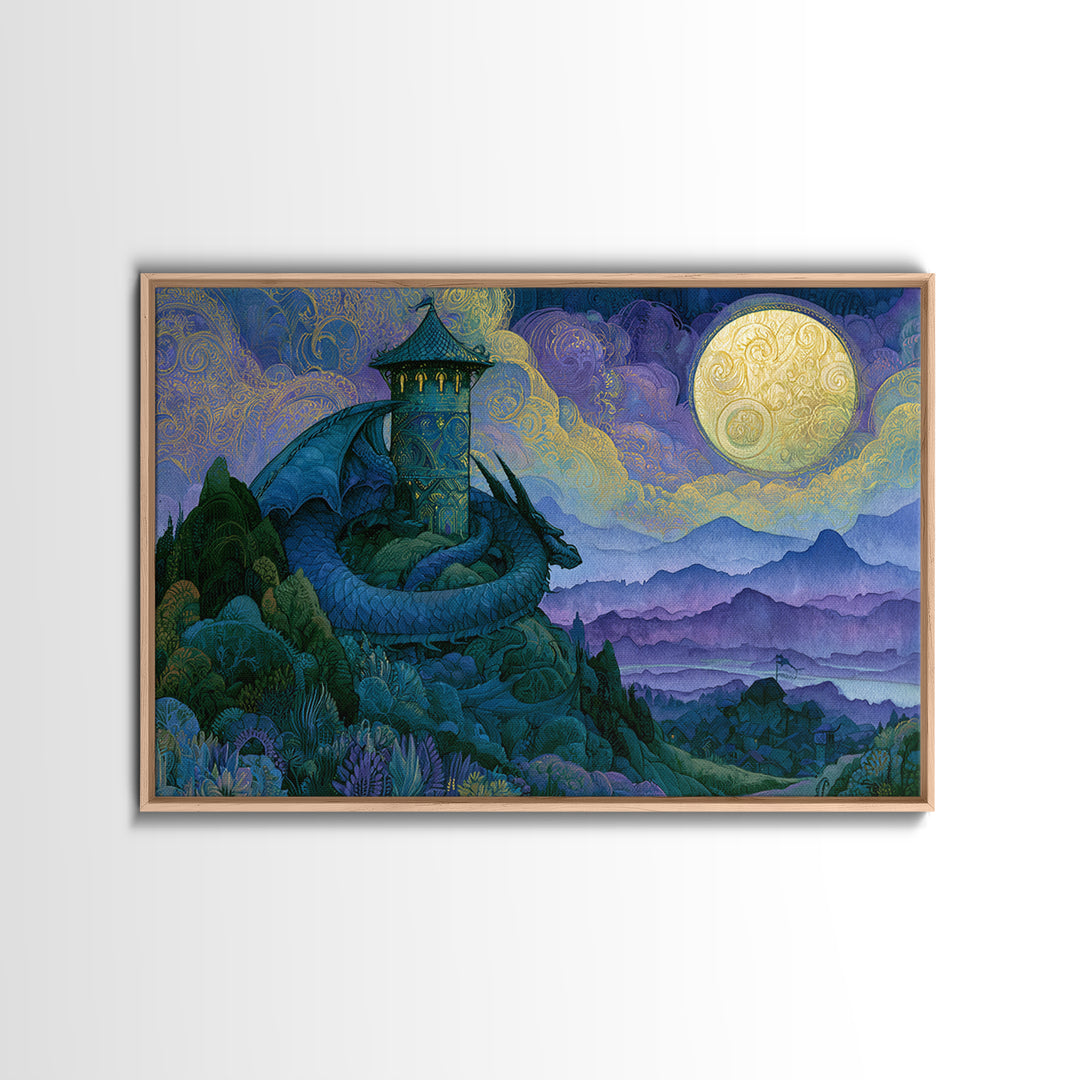 Dragon Curled Around a Jeweled Tower Canvas Print, Fairy Tale Art, Fairy Art, Living Room Decor, Fine Art, Storybook, FTA-3x2-57