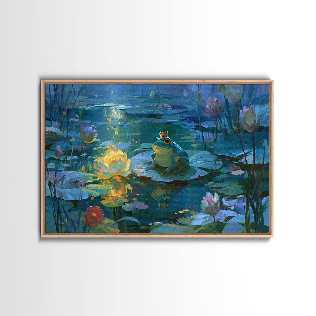Frog Prince on a Lily Pad Framed Canvas Print, Fairy Tale Art, Dark Art, Living Room Decor, Storybook, Statement Artwork, FTA-3x2-63