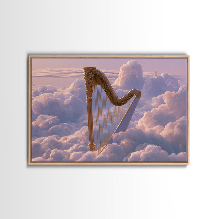 Golden Harp in a Cloud Kingdom Framed Canvas Print, Fairy Tale Art, Princess Wall Art, Living Room Decor, Oil Painting, FTA-3x2-74