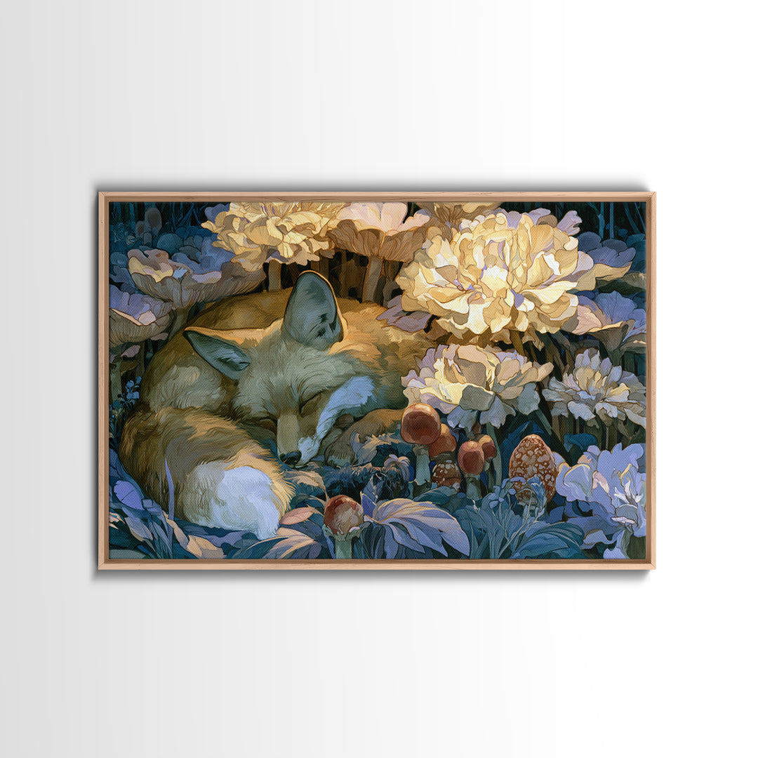 Sleeping Fox Beside a Magical Mushroom Ring Canvas Print, Fairy Tale Art, Luxury Decor, Living Room Decor, Storybook, FTA-3x2-79