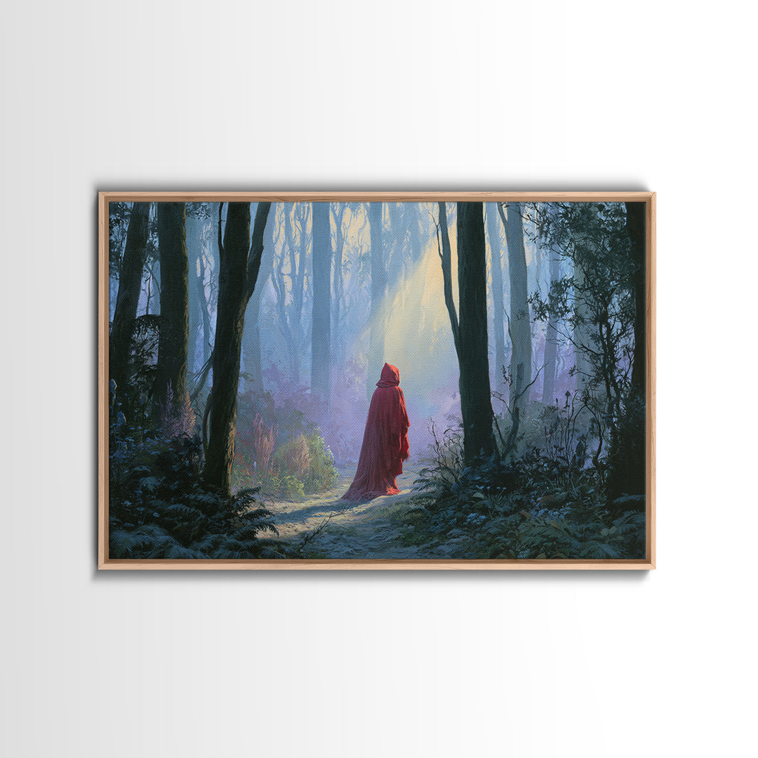 Red Cloak Figure Walking Through Dark Woods Canvas Print, Fairy Tale Art, Wall Decor, Living Room Decor, Fine Art, Storybook, FTA-3x2-84