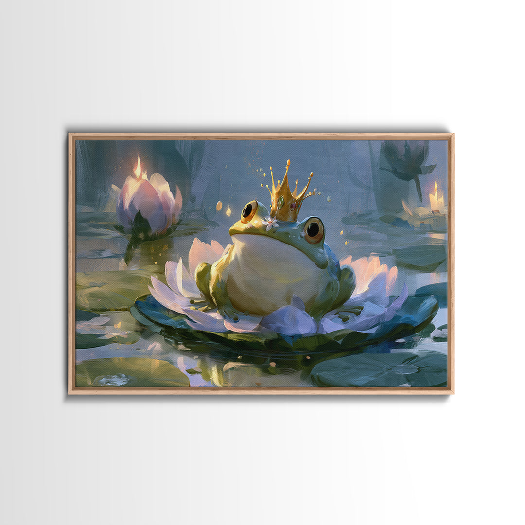 Frog Prince on a Lily Pad Framed Canvas Print, Fairy Tale Art, Wall Decor, Living Room Decor, Storybook, Boho Wall Art, FTA-3x2-87