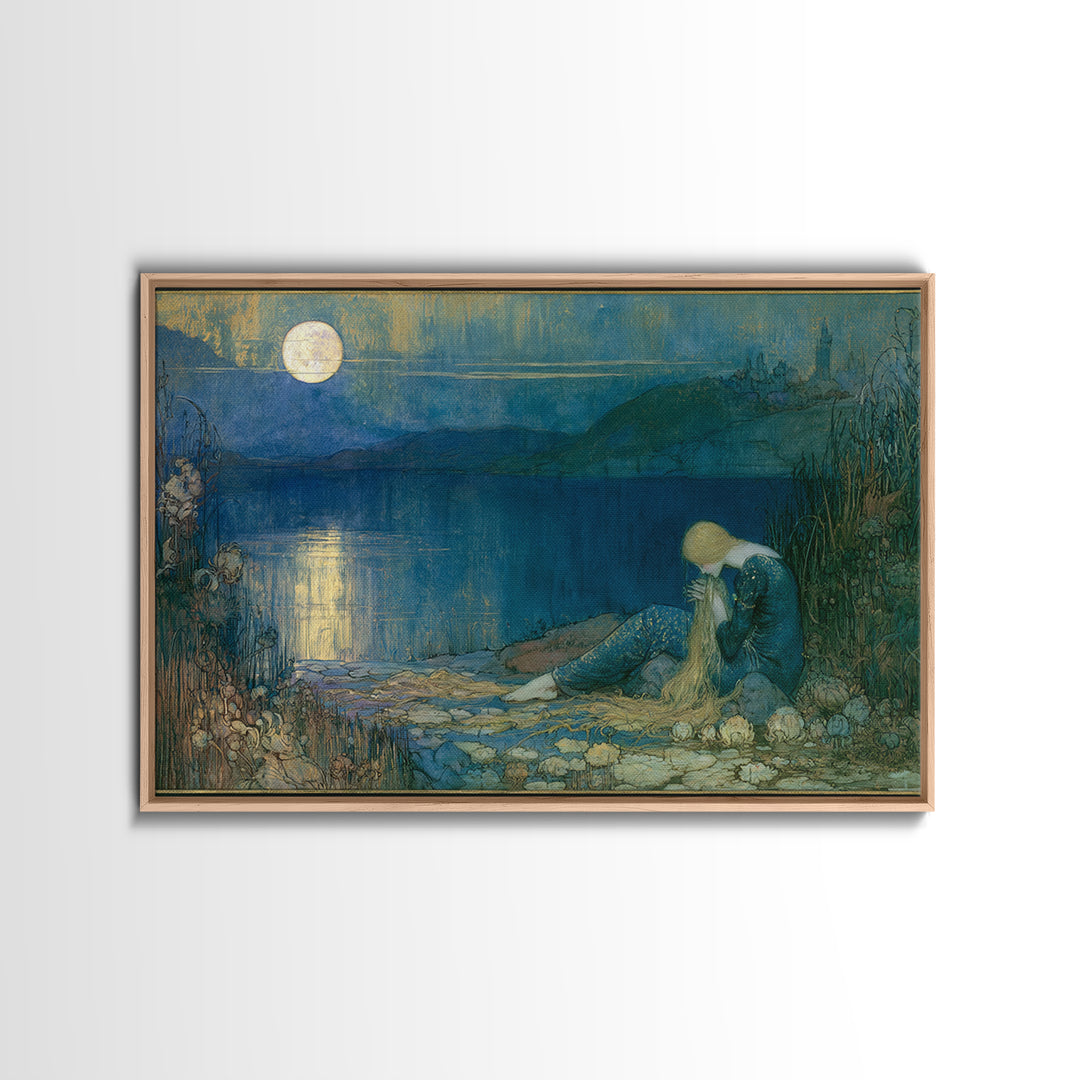 Mermaid Combing Hair Beneath a Pearl Moon Canvas Print, Fairy Tale Art, Painting, Living Room Decor, Fine Art, Storybook, FTA-3x2-88