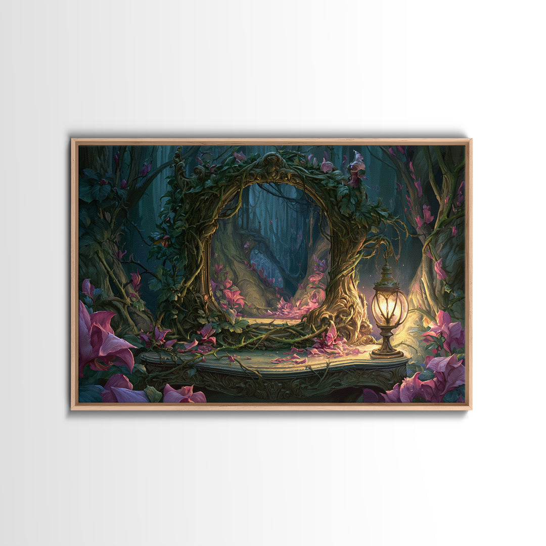 Magic Mirror Framed by Vines and Thorns Canvas Print, Fairy Tale Art, Boho Decor, Living Room Decor, Oil Painting, Storybook, FTA-3x2-89