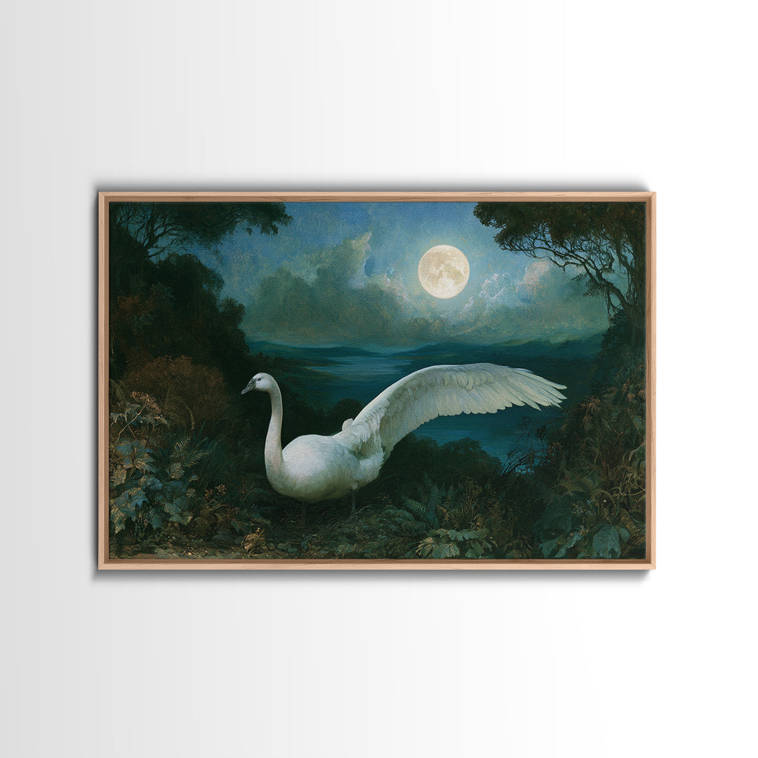 White Swan Transformation Scene Framed Canvas Print, Fairy Tale Art, Boho Wall Art, Living Room Decor, Oil Painting, Storybook, FTA-3x2-91