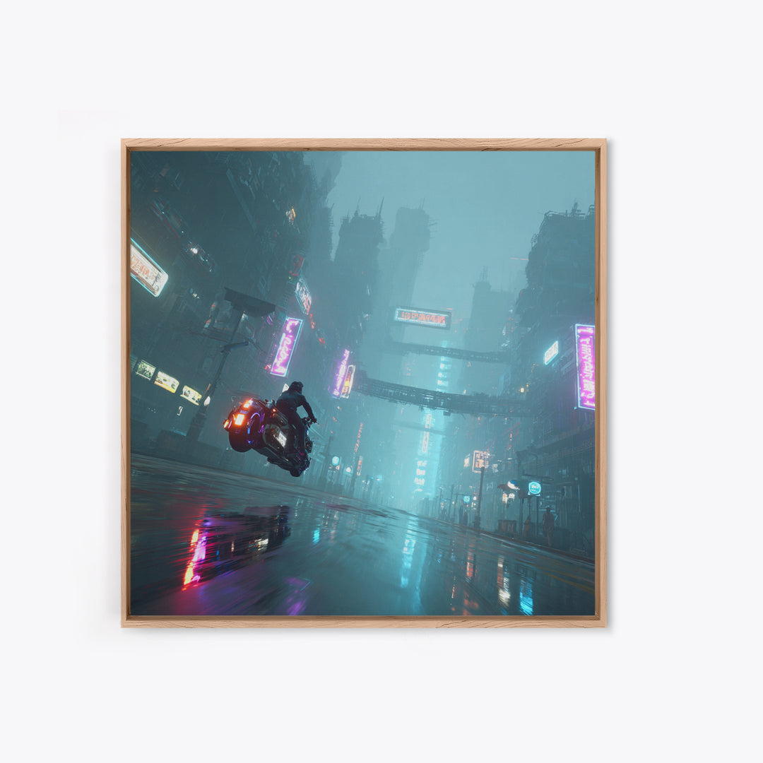 High Speed Hover Bike Trail of Light Framed Canvas Print, Futuristic Art, Cyberpunk Decor, Living Room Decor, Fine Art, Future, FUT-1x1-68