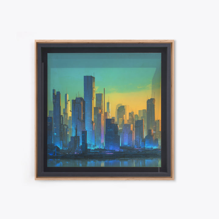 Sleek Chrome City Skyline Framed Canvas Print, Futuristic Art, Modern Wall Art, Living Room Decor, Abstract Art, Future, FUT-1x1-73