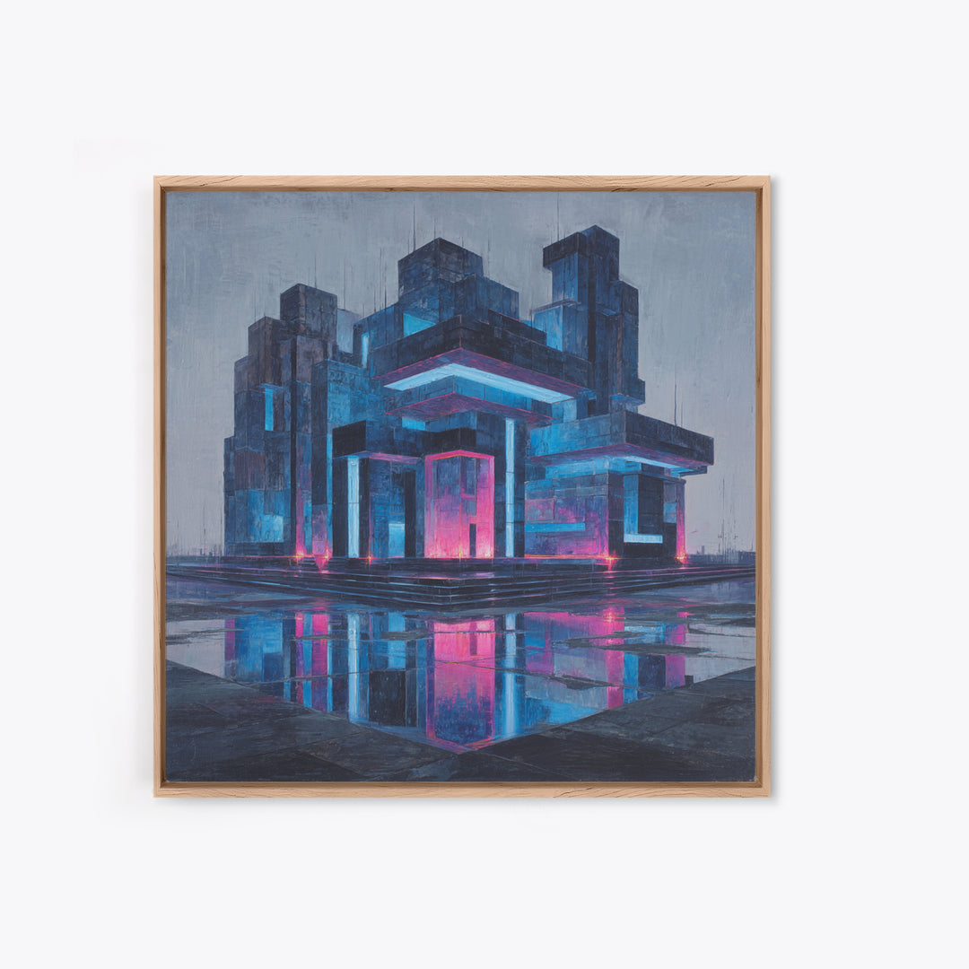White and Blue Utopian Megastructure Framed Canvas Print, Futuristic Art, Living Room Decor, Abstract Art, Future, FUT-1x1-84