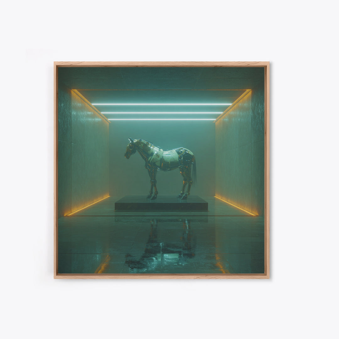 Cybernetic Horse in a Luminous Field Canvas Print, Futuristic Art, Digital Print, Living Room Decor, Fine Art, Future, FUT-1x1-85
