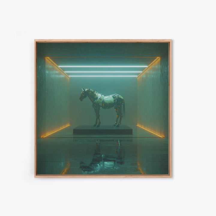 Cybernetic Horse in a Luminous Field Canvas Print, Futuristic Art, Digital Print, Living Room Decor, Fine Art, Future, FUT-1x1-85