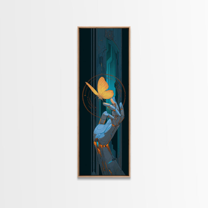 Robotic Hand Holding a Delicate Butterfly Framed Canvas Print, Futuristic Art, Colorful Wall Art, Living Room Decor, Future, FUT-1x3-20