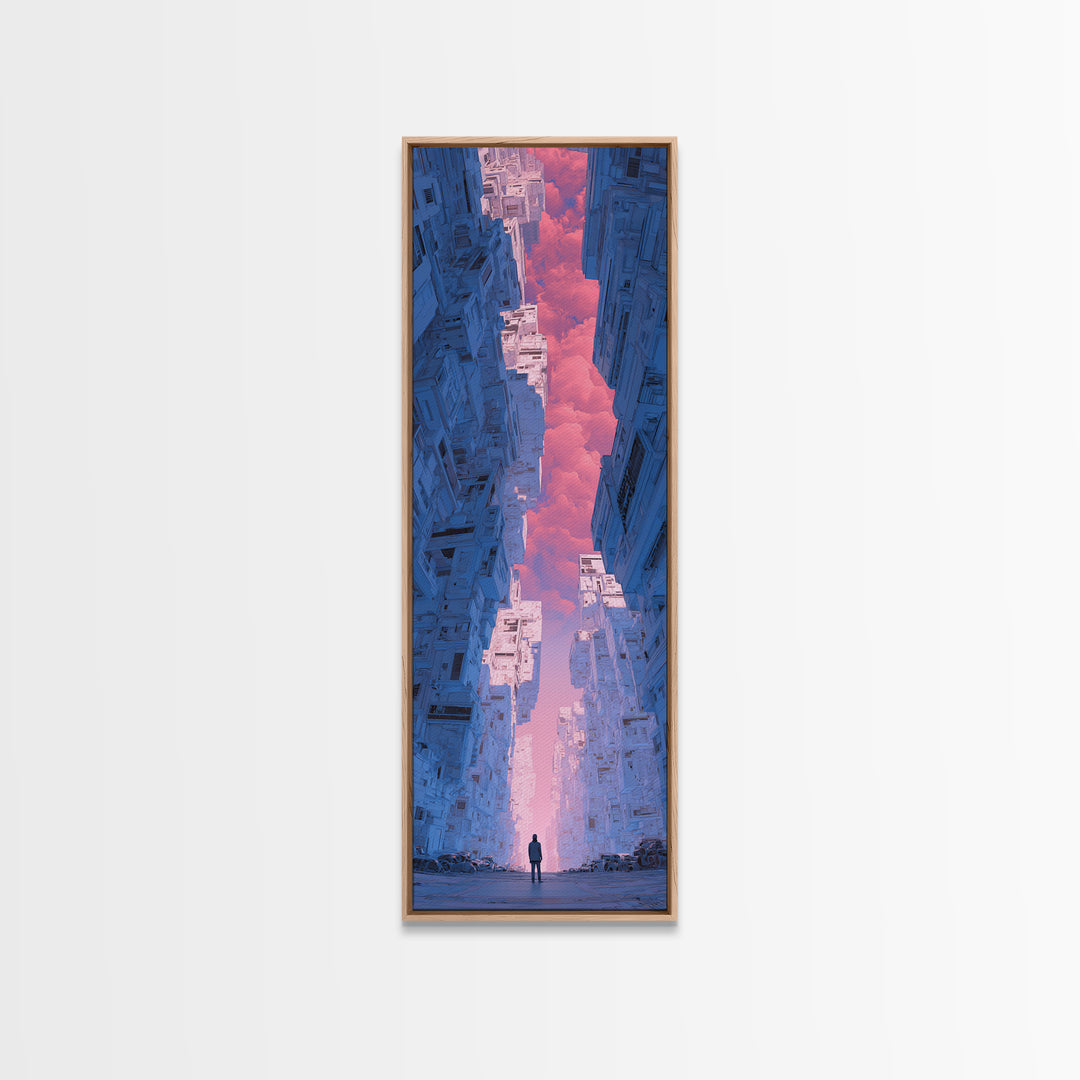 White and Blue Utopian Megastructure Framed Canvas Print, Futuristic Art, Canvas Painting, Living Room Decor, Fine Art, Future, FUT-1x3-24