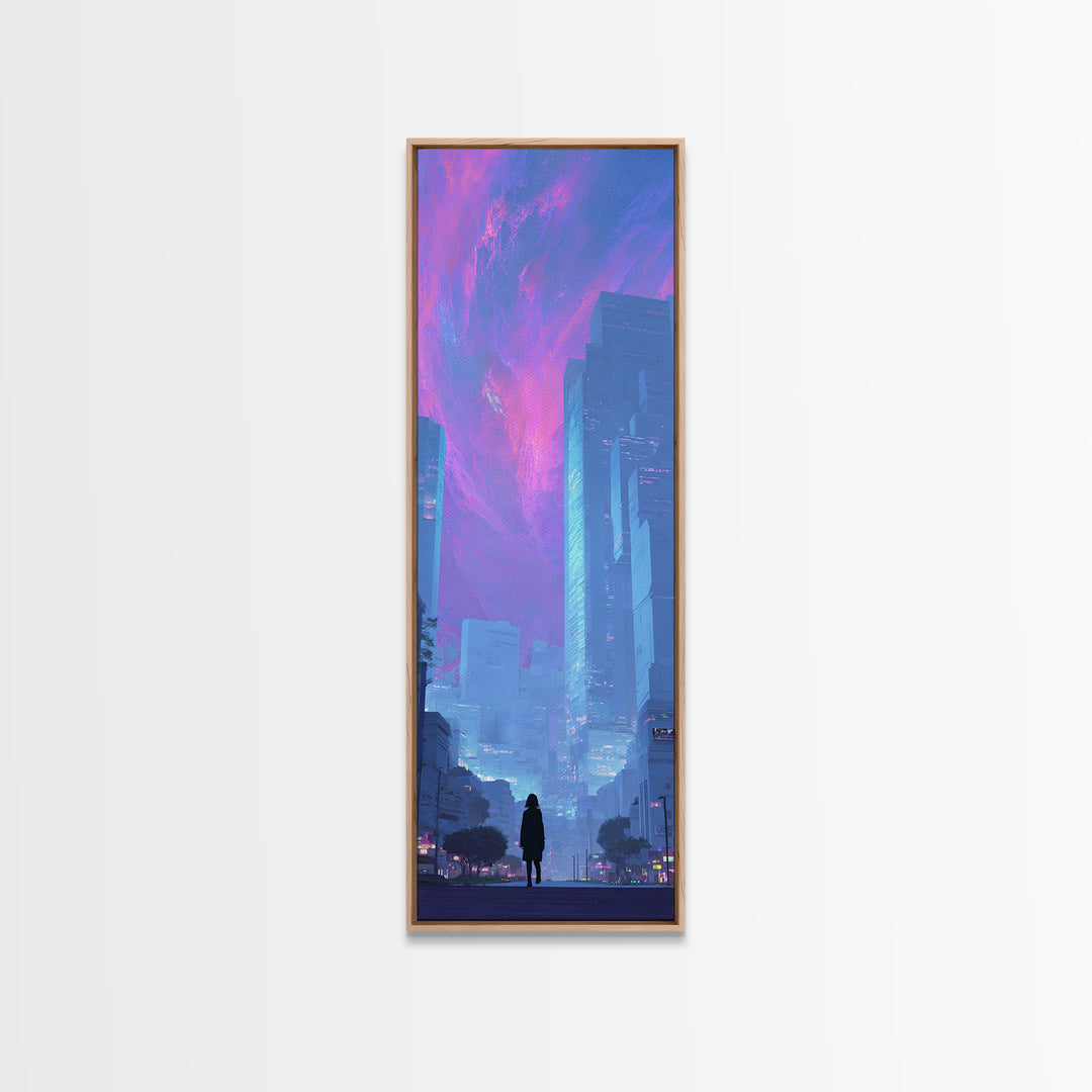 Digital Aurora Above a Clean White City Framed Canvas Print, Futuristic Art, Digital Poster, Living Room Decor, Future, FUT-1x3-36