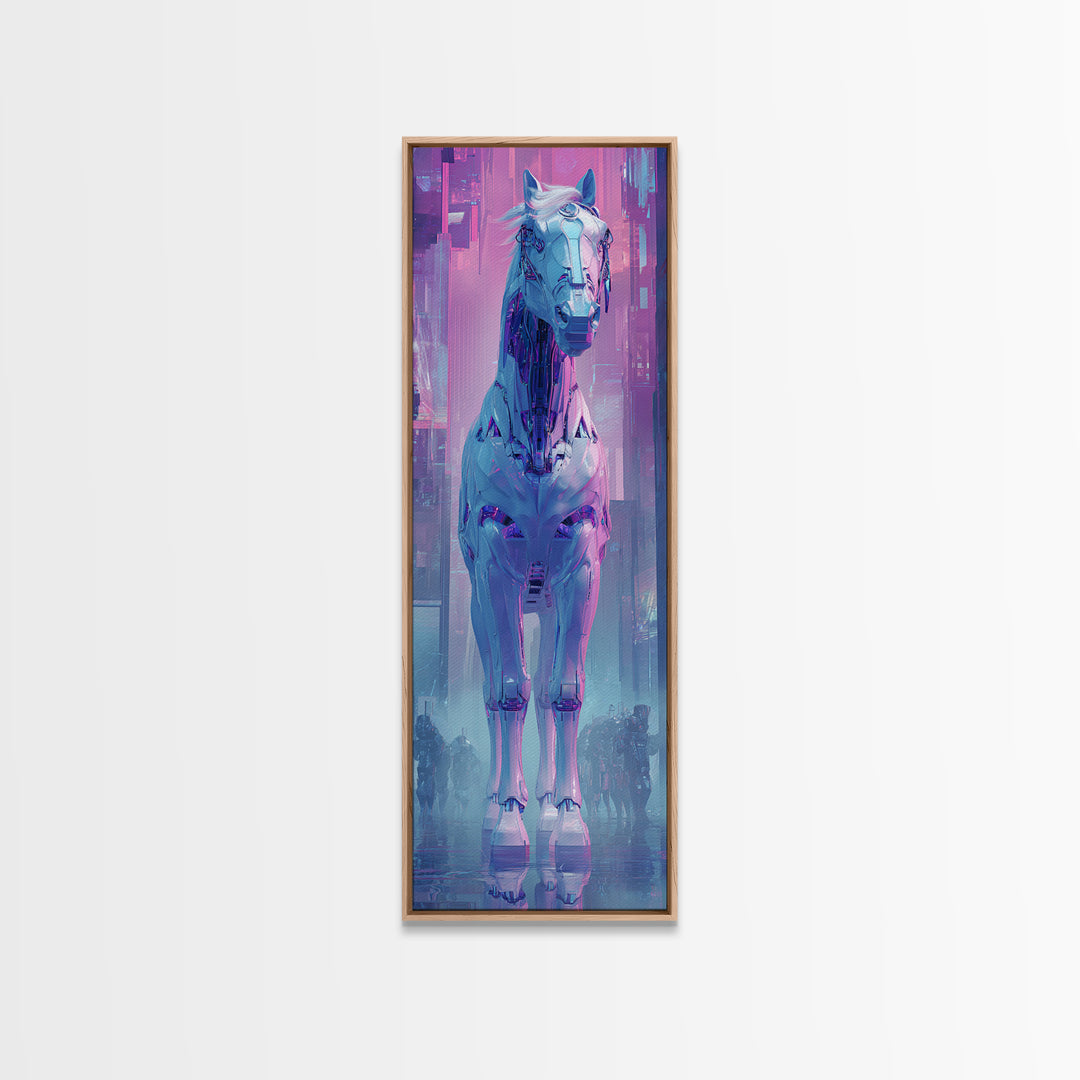 Cybernetic Horse in a Luminous Field Canvas Print, Futuristic Art, Digital Art, Living Room Decor, Future, Landscape Art, FUT-1x3-49