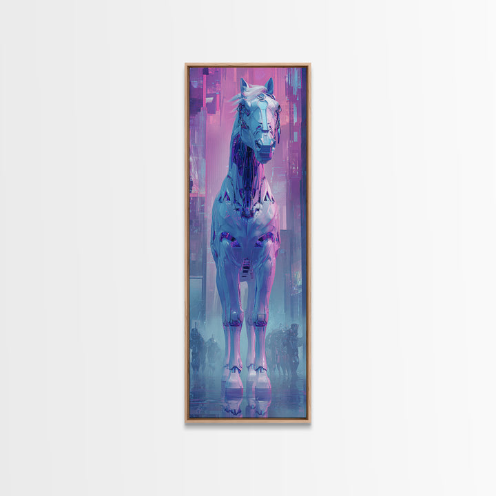 Cybernetic Horse in a Luminous Field Canvas Print, Futuristic Art, Digital Art, Living Room Decor, Future, Landscape Art, FUT-1x3-49