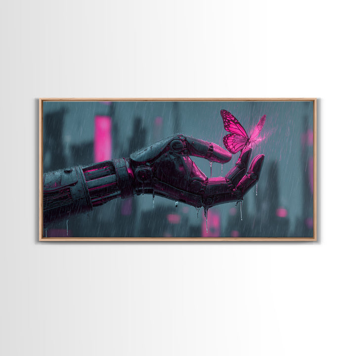 Robotic Hand Holding a Delicate Butterfly Framed Canvas Print, Futuristic Art, Unique Home Decor, Living Room Decor, Future, FUT-2x1-100