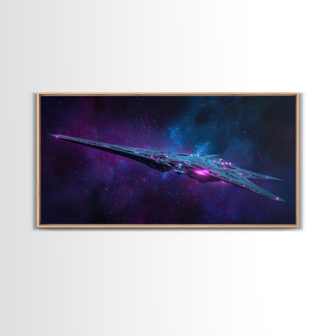 Solar Sail Ship Crossing Star Filled Space Framed Canvas Print, Futuristic Art, Landscape Art, Living Room Decor, Future, FUT-2x1-37
