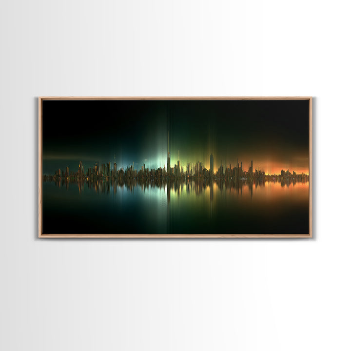 Sleek Chrome City Skyline Framed Canvas Print, Futuristic Art, Contemporary Art, Living Room Decor, Fine Art, Future, FUT-2x1-45