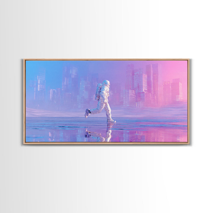 Silver Astronaut Walking Through Neon Desert Canvas Print, Futuristic Art, Victorian Decor, Living Room Decor, Fine Art, Future, FUT-2x1-49